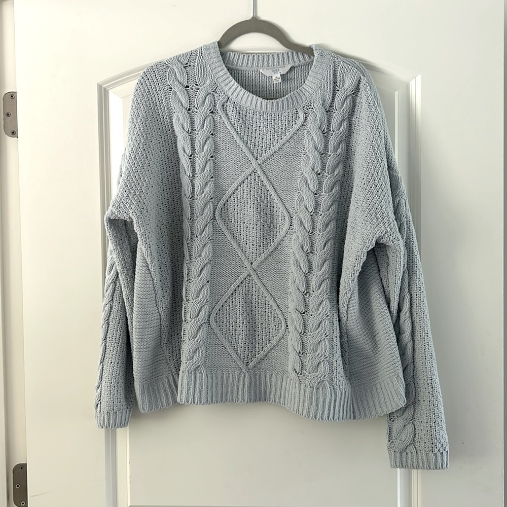 Light blue, chunky, knitted sweater. Light weight and comfortable